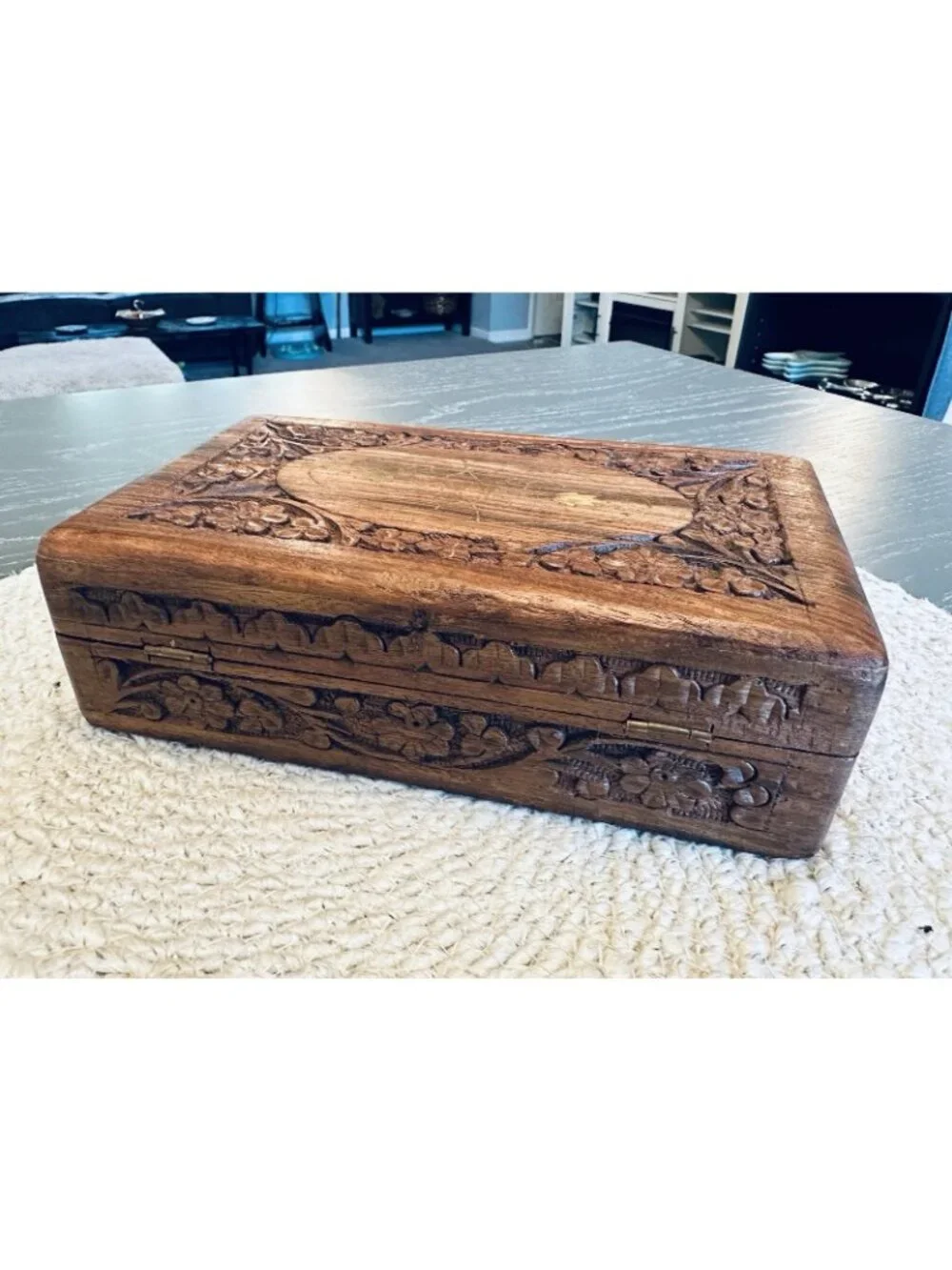 Vintage Carved Wooden Trinket Box Made in India Hinged Lined with Brass Inlay 8”